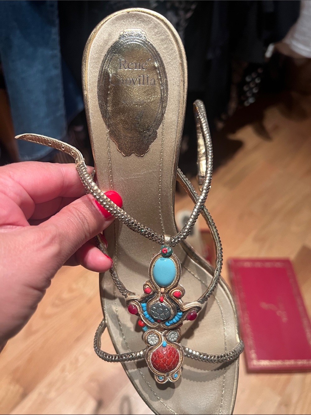 Rene Caovilla Beige Sandals with Turquoise and Red Embellishments - Picture 3 of 9